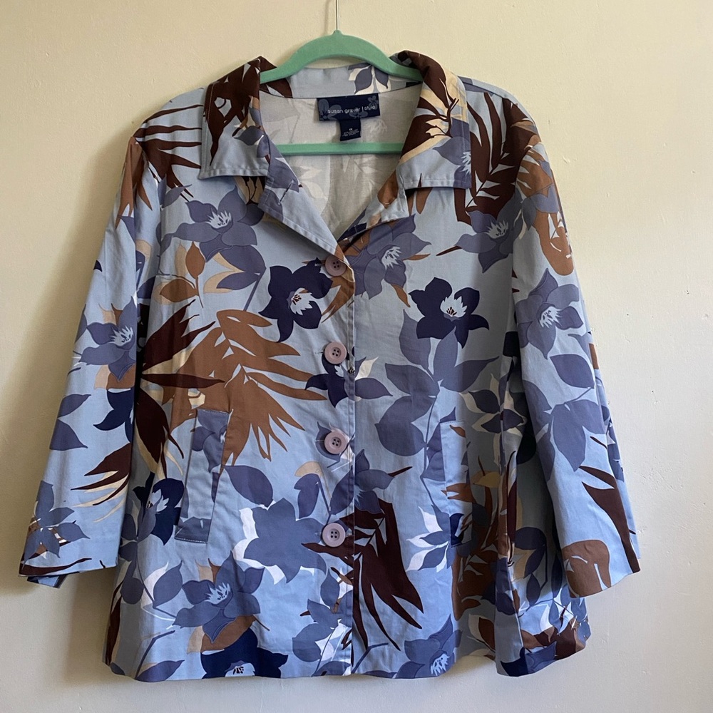 Susan Graver Women’s Blue Floral Stretch Cotton Jacket Size 1X